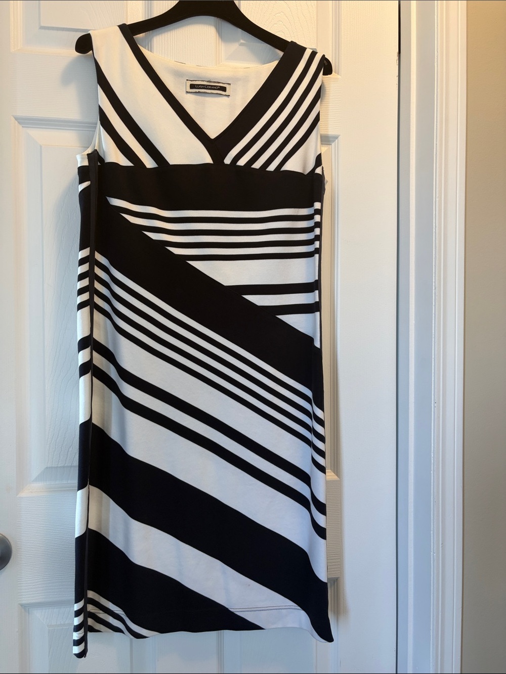 Luisa Cerano Sleeveless Black and White Striped V-Neck Midi Dress